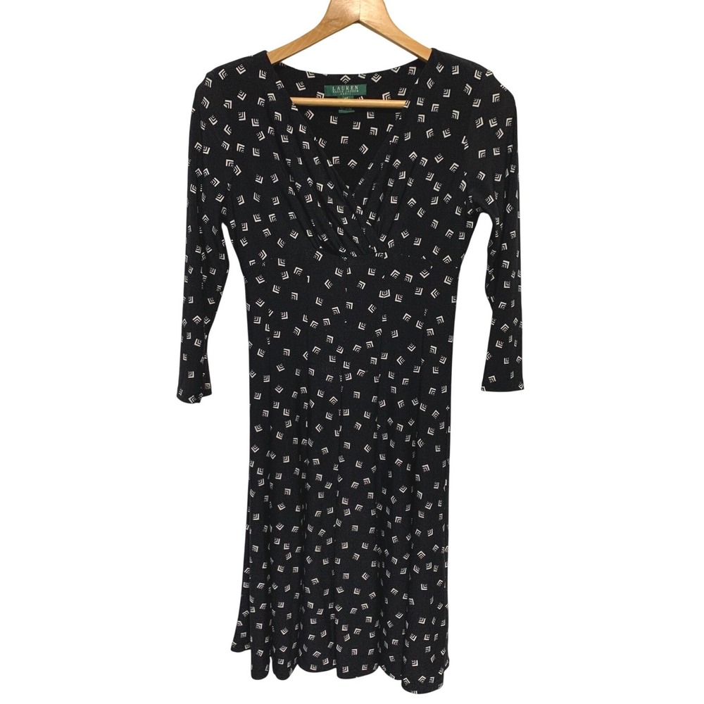 Lauren Ralph Lauren Black Geometric‎ Print Jersey Knit Wrap Dress Women's 4P